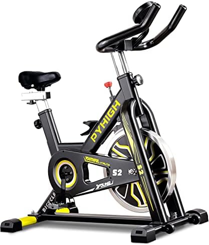 PYHIGH Indoor Cycling Bike Stationary Exercise Bike, Excersize Bike Comfortable Seat Cushion, Belt Drive, Ipad Holder with LCD Monitor for Home Cardio Workout Fitness Machine (Yellow)