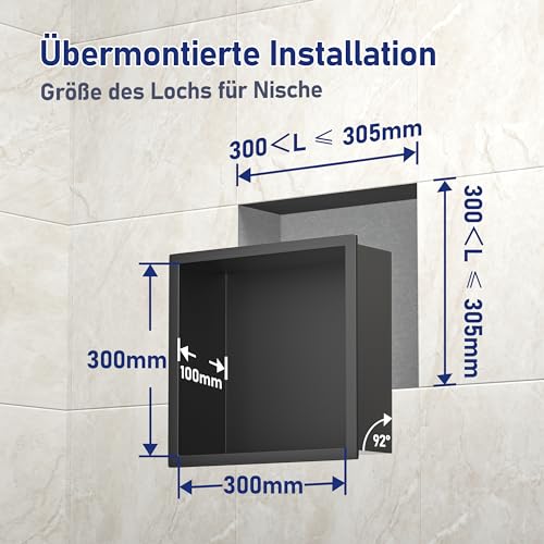 Bernkot Duschnische 304 Edelstahl 30 cm × 30 cm × 10 cm Wandnische Schwarz für Badezimmeraufbewahrung Keine Fliesen erforderlich Duschnische Einbaunische Dusche Übermontage