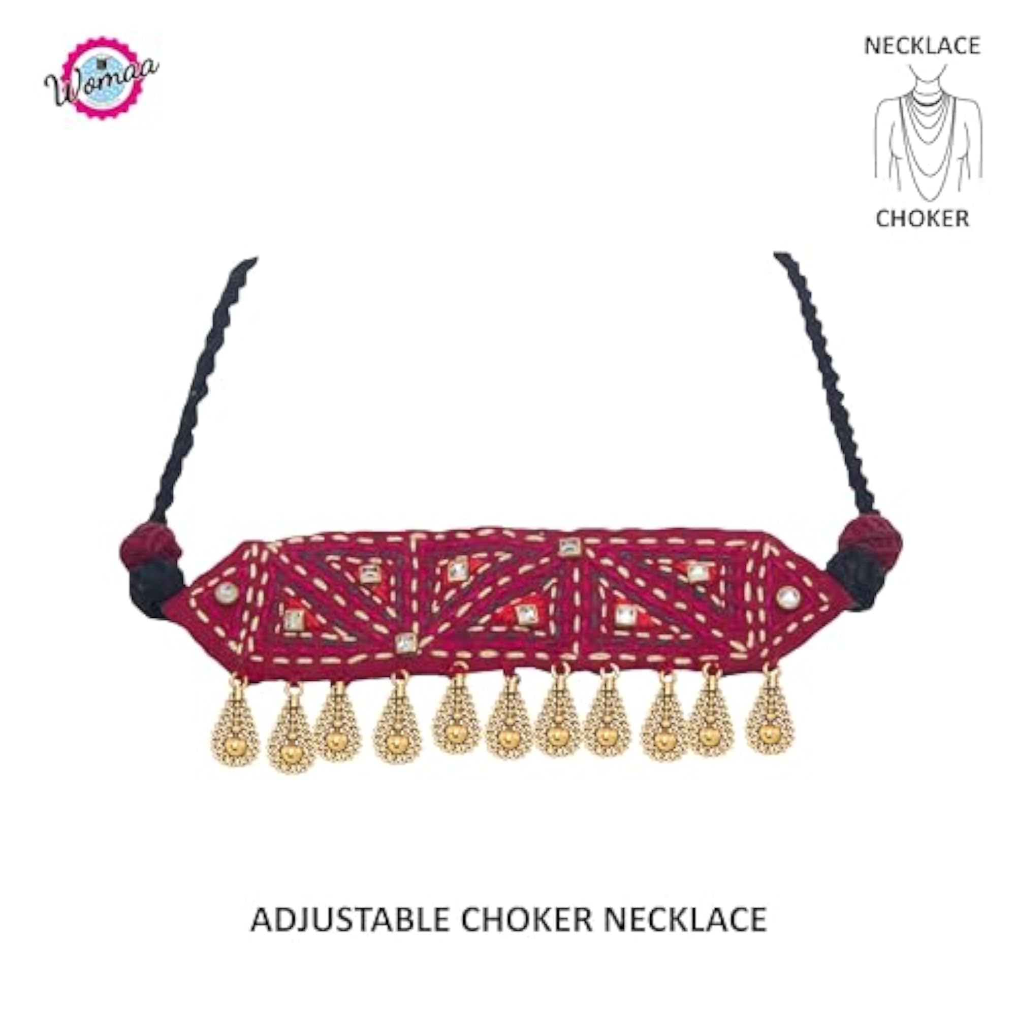 Women's Traditional Choker Necklace Set with Earrings and Ring, Maroon Fabric