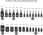 MIXPOWER 25 Piece Torx Bit and Socket Set, 13 Star Bits (T8- T60) & 12 E-Torx Sockets (E4-E22), Professional Grade Auto & Motorcycle Mechanic Set