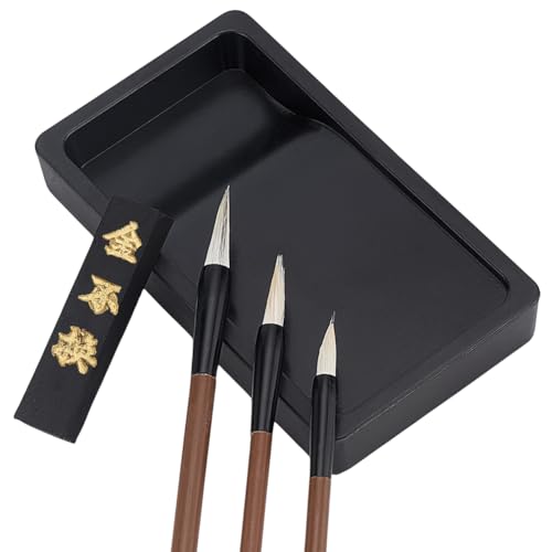 WEBEEDY 5 Pcs Chinese Calligraphy Brush Set with Ink Stone and Ink Stick for Adult Beginners Traditional Chinese Calligraphy Writing Practice Painting Supplies (3 Size Brushes)