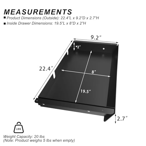 Image of Large Under Desk Mounted Sliding Drawer with 2 Cable Hole and 60 Degree Tilt Panel to Pull Out, 22.4'' Long & 9.2'' deep Large Storage Organizer for Sit Stand Workstation