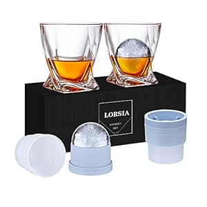 Whiskey Rocks Glass, Set of 4 (2 Crystal Bourbon Glasses, 2 Round Big Ice Ball Molds) In Gift Box – 11 Oz Old Fashioned Glasses for Scotch Cocktail Rum Cognac Vodka Liquor, Unique Gifts for Men