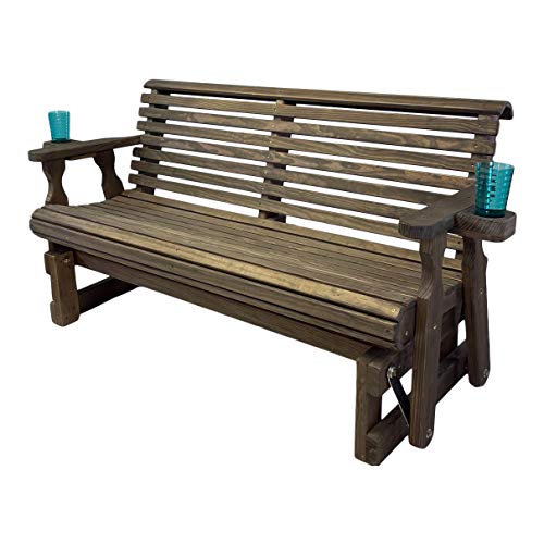 Image of Amish Casual Heavy Duty 800 Lb Roll Back Pressure Treated Porch Glider with Cupholders (4 Foot, Dark Walnut Stain)