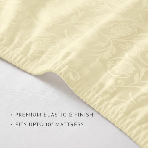 Image of Blue Dahlia 100% Cotton, Queen Size Elastic Fitted Bedsheet (60 inchx78 inch) + 2 Pillow Covers, Fits Upto 10 inch Mattress, 300TC Premium Bedsheet, Bold Floral Jacquard Pattern - Ivory