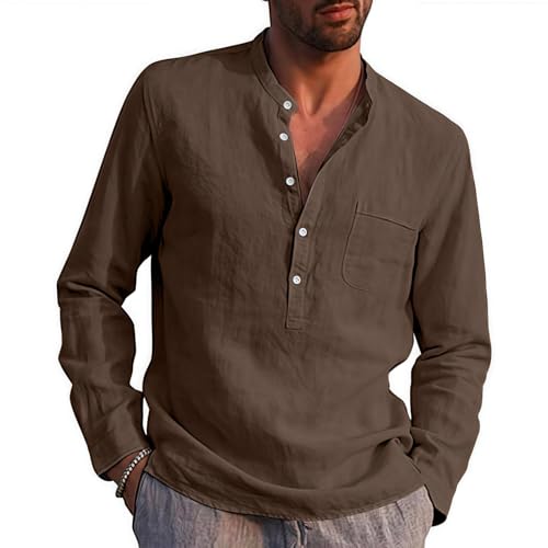 Rodawu Herren Hemd Langarm Leinen Hemden Leichtes Leinenhemd Freizeithemd Kaffee Hemd Herren