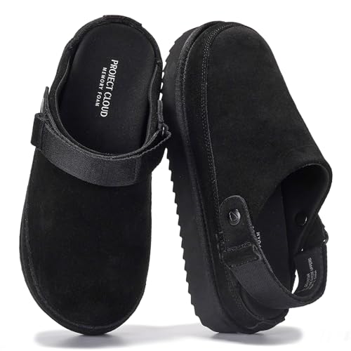 Project Cloud 100% Genuine Leather Clogs for Women - Memory Foam Womens Clogs & Mules with Adjustable Straps - Lightweight Platform Shoes Non-Slip Slides (Goldstar, BLK, 5.5)