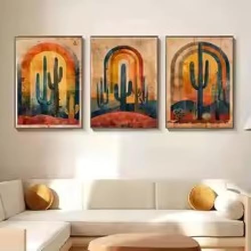 Impression sur toile vintage de cactus TONGYINLI triptyque abstrait coloré 3 cadres 60x90cm