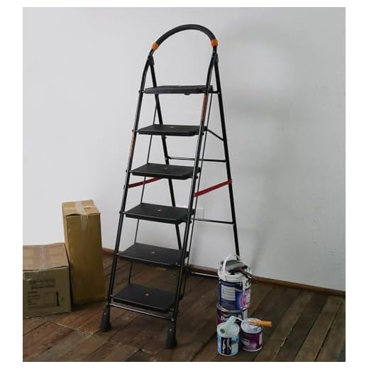 Parasnath Black Heavy Folding Ladder with Wide Steps Milano 6 Steps Ladder 6.3 Ft - Made in India