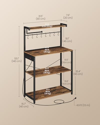 Image of VASAGLE BARNET Collection - Kitchen Bakers Rack with Power Outlet, 31.5-Inch Wide Coffee Bar 4-Tier with 8 S Hooks, Modern Microwave Stand, Adjustable Shelf, Rustic Brown and Ink Black UKKS029KD01