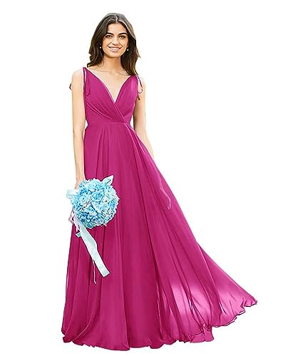 Image of HSFIYAKJ Bridesmaid Dresses Long Chiffon Formal Dress Open Back V Neck Evening Prom Gown for Women with Pockets