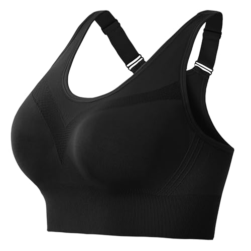 Litherday Sujetador Deportivo Mujer Push Up Seamless Firme Sujeción Sujetador Sin Aros Almohadillas Extraíbles Tirantes Ajustables Ropa Interior Deportiva para Fitness Yoga Correr (Negro, XL)
