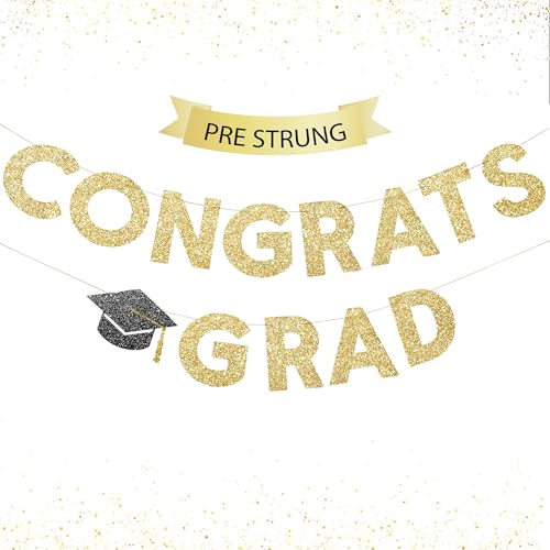 Image of Congrats Grad Banner Gold Glitter Pre-Strung Congrats Grad Sign - 8ft -No DIY - Graduation Party Decorations for Class of 2026 Graduation Decorations