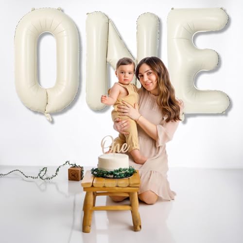Image of 40 Inch Beige One Balloons for 1st Birthday, Cream White Sand One Balloon Letters with Ribbon, Neutral Ivory Alphabet One Balloon for Boys Girls First Birthday 1 Year Old Baby Shower Party Decorations