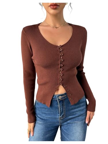 Women's Ribbed Knit Button Front Lightweight Cardigans V Neck Long Sleeve Fitted Sweater Fall Clothes