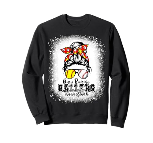 Messy Bun Mom Of Both Baseball Softball Busy Raising Ballers Sweatshirt