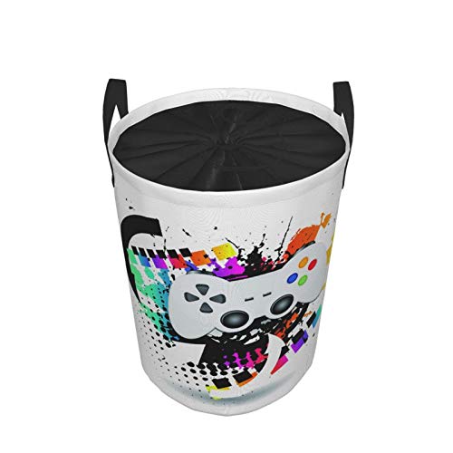 Large Round Storage Basket With Handles,Gamer Modern Console Game Controller With Halftone Motif And Color Splashes,Waterproof Coating Organizer Bin Laundry Hamper For Nursery Clothes Toys 19"X 14" #TOP1
