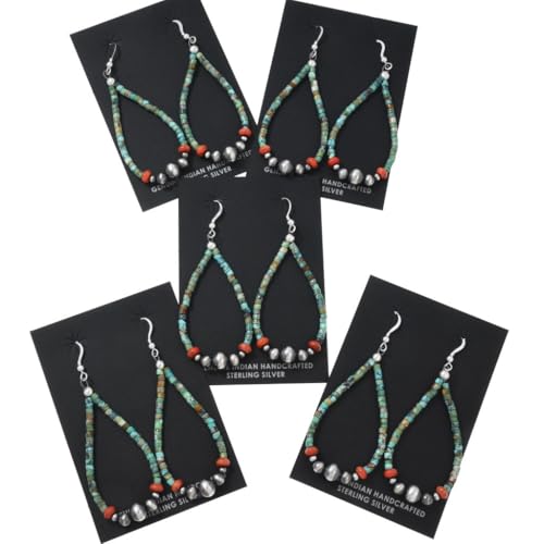 Turquoise Heishi Coral Navajo Desert Pearl Beaded Earrings Traditional French Hook Looped Dangles 11292