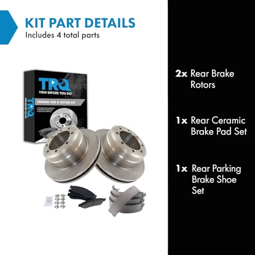 Image of TRQ Rear Brake Pad & Rotor Kit Parking Brake Shoe Set Ceramic Compatible with 2005-2012 Ford F-350 Super Duty 2011-2012 F-450 Super Duty
