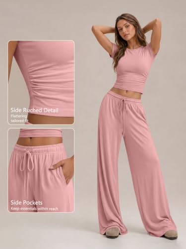 Image of Trendy Queen 2 Piece Matching Summer Lounge Set Womens Side Ruching Top Wide Leg Pants Sets with Pockets