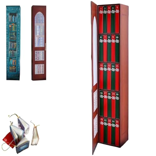 Mini Bookss Ornament Advent Calendar 2025, Books Lovers Gifts Advent Calendar with 24 Book Gift, Christmas Books Countdown Calendar for Book Lovers, Small Bookshelf (Red)