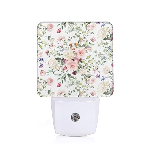 Image of Spring Flower Night Light,Pink Rose Eucalyptus Leave Night Lights Plug into Wall with Dusk to Dawn Light Sensors Nightlights for Bedroom Bathroom Hallway Kitchen Gifts Ideal for Girls Women