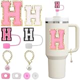 Mity rain 10pcs Set Designed for Stanley Cup Accessories - Including Straw Cover Cap, Letter Charm, Letter Stickers, Tumbler Spill Proof Stoppers for Stanley 40oz/ 30oz Pink Decorations (H)