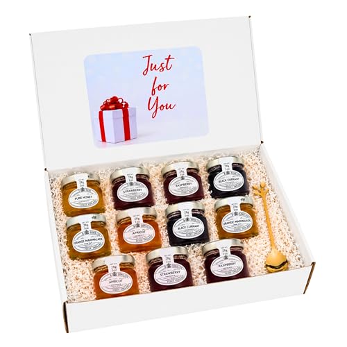 Mini Jams and Marmalade Gift Set - Includes Mini Jam Jars and Honey - 11 X 28g Of Jams & Preserves and Honey - Luxury Breakfast Taster Box Comes With a Jam Spoon