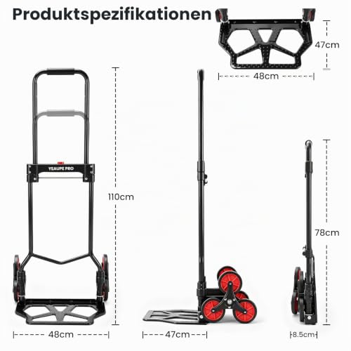 YEAUPE PRO Faltbare Treppensackkarre Höhenverstellbar 50 kg Schwarz