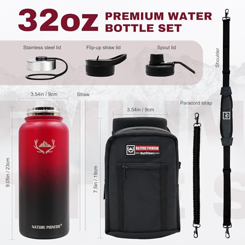 Image of NATURE PIONEOR 32 oz Insulated Water Bottle with Carrier Bag & 3 Lids