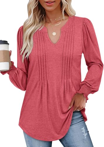 BETTE BOUTIK Long Sleeve Shirts for Women Fall Tops Dressy Blouses Pleated V Neck Tunic Tops for Leggings S-3XL