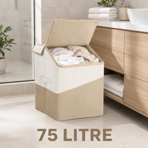 Image of 75 Liter Non Woven Laundry Basket with 2 Side Pockets for Socks and Handkerchief |Foldable Clothes Storage Bin Organizer for Dirty Clothes, Kids Toys, Bedroom & Bathroom (white beige)