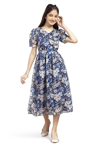 Image of Fashion Dream Girl's Organza Floral Printed Calf Length Dress|Western Dress|Kids Dress|Fancy Dress