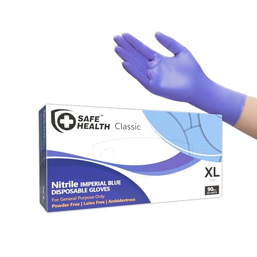 Safe Health Gants jetables en Nitrile Taille XL extra grande Bleu Impérial, Boîte de 90 gants, Sans poudre Sans latex Hypoallergéniques, Bricolage Cuisine Nettoyage Vaisselle Labo, 3 Mil