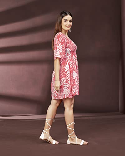 Image of DRESOUL Women's Pink Rayon Printed Party Fit and Flare Dress