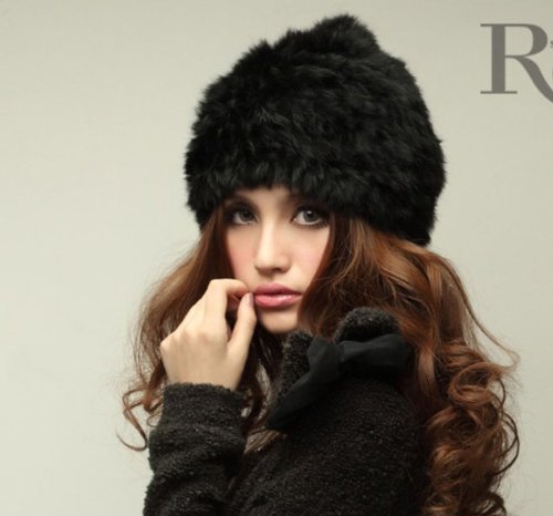 ZPS 1PC New Fashion Womens Real Rabbit Fur Knitted Hat Cap (Black)