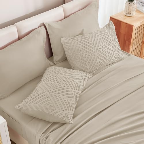 Image of Andency Oatmeal Super King Plus Size Comforter Set with Sheets - 7 Pieces Bed in a Bag Boho Tufted Bedding Sets Fluffy Lightweight Oversized King Bed Set with Comforter, Sheets, Pillowcases & Shams