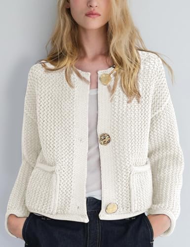 Wyeysyt Womens Cropped Cardigan Sweaters Chunky Knit Gold Button Down Open Front Cardigan Long Sleeve Crop Crochet Sweaters2