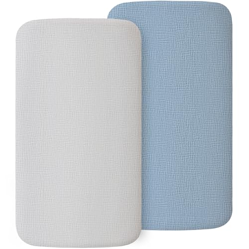 Image of MairMore 2 Pack Muslin Fitted Bassinet Sheets for Babies, Soft & Breathable 100% Cotton Bedside Sleeper Bassinet Sheet, Moses Basket Oval Rectangle Pad/Mattress (Blue)