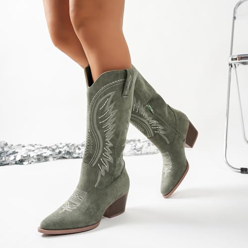 Image of Women's Western Cowboy Boots - Embroidered Ankle Booties with Chunky Block Heel, Side Zipper Suede Cowgirl Boots for Country Concert