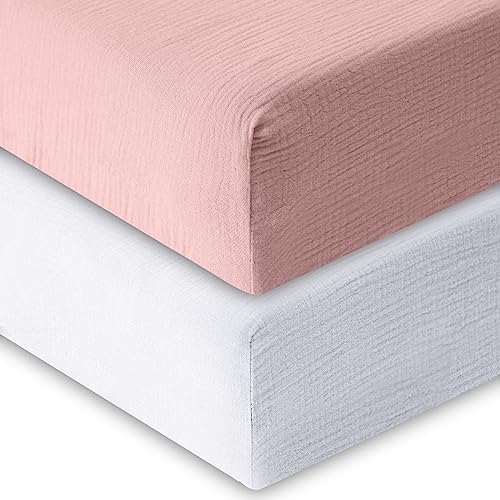 Image of Muslin Crib Sheets, 100% Cotton Baby Crib Sheets for Standard Crib Mattress & Toddler Bed Mattress (52"x 28"), Ultra Soft & Breathable Baby Sheets, 2 Pack
