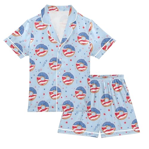 Flag Donut Pattern Summer Satin Pajama Set, Cute Button-Down Sleepwear Pj Set for Sleep Wears