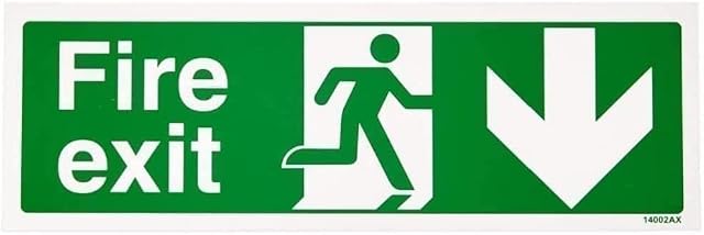 VSafety Fire Exit Arrow Down Sign - Landscape - 300mm x 100mm - 1mm Rigid Plastic
