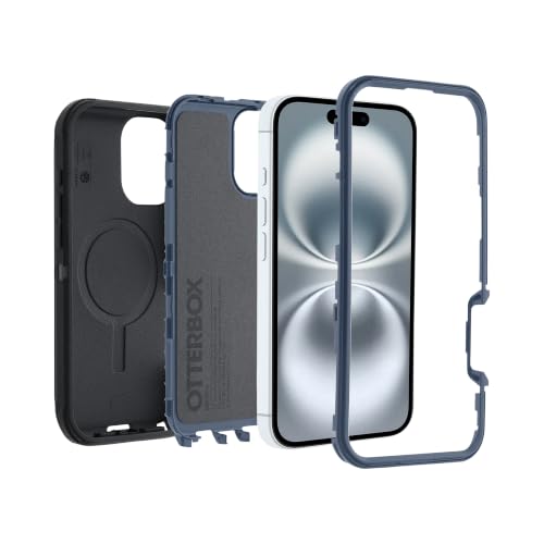 Image of OtterBox iPhone 16 (Only) - Defender Series MagSafe Case - Black Denim (Black & Blue) - Built-in Magnets - Screenless - Rugged & Durable - with Port Protection