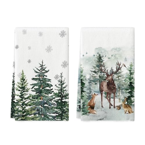 Artoid Mode Aquarell Rentier Bäume Schneeflocken Weihnachten Küchentücher Geschirrtücher, 42x65 cm Winter Christmas Deko Polyester Handtücher 2er Set