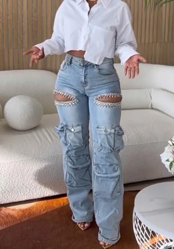 SHINFY Rhinestone Cargo Jeans for Women High Waisted Straight Wide Leg Ripped Jeans Y2K Baggy Denim Cargo Pants4