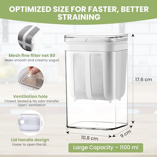 Image of Hung Curd Maker & Greek Yogurt Maker - 1100ml, Fine Mesh Hung Curd Strainer Box with Lid | Multifunctional Yogurt Filter for Thick Dahi, Cheese & More, 10.8x9x17.6 cm, White