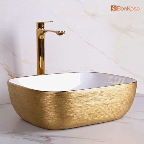 Image of BONKASO White Gold Luxury Table Top Wash Basin (45 x 32.5 x 13.5 cm) | Designer Ceramic Countertop Bathroom Sink | Modern Vanity Art Basin 1001