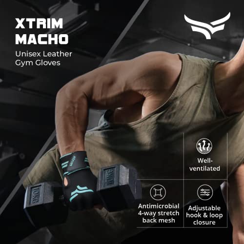 XTRIM X-Macho Leather Gym Gloves for Men & Women with Wrist Support Accessories for Weightlifting, Hand Exercise Gloves with Half-Finger Length for Gym Workout (M, Fits 7.5-8 Inches,Blue-Black) (Image - 2)