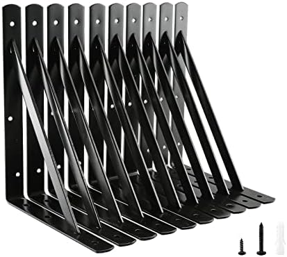 HOME MASTER HARDWARE Heavy Duty Shelf Brackets 12 inch x 8 inch Metal Shelves Supports 90 Degree Triangle Wall Mount Angle L Bracket for Floating Shelving with Screws Black 10-Pack